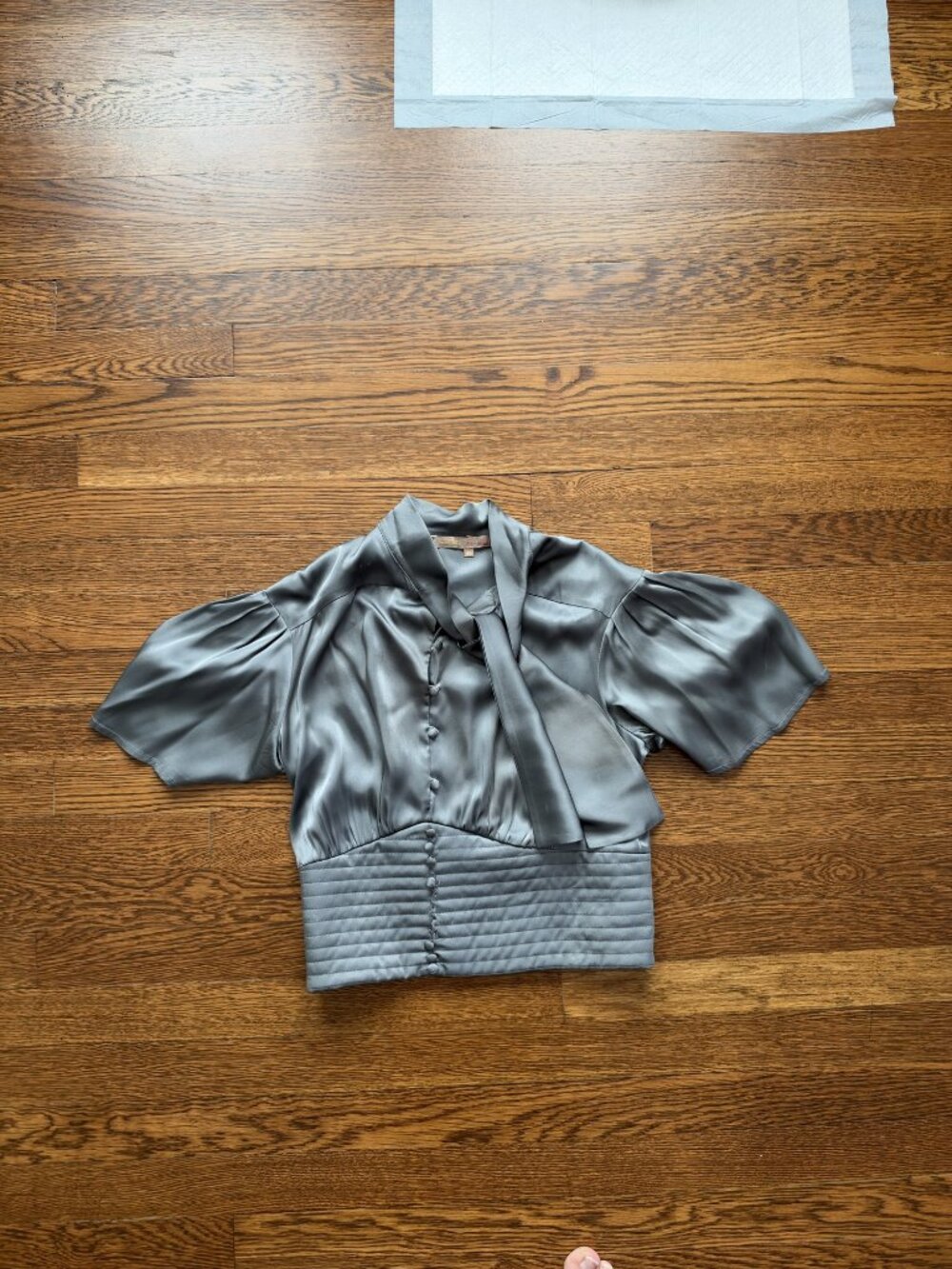 Satin Bow Blouse Slate Blue Grey Puff Sleeve Pintuck Waist IT 46